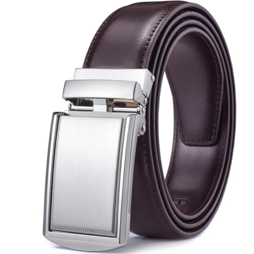 Men's Leather Ratchet Belt With Automatic Buckle 3.5Cm Wide Adjustable Dress Zd17 Sliver Coffee 160cm3