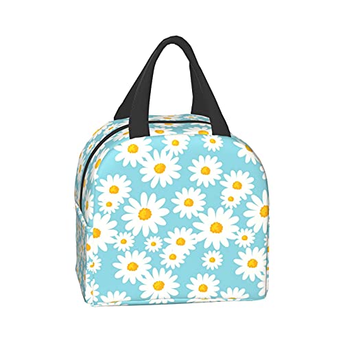 Insulated Lunch Bag For Women, Cooler Tote Reusable Lunch Box Container For Work Office Travel Picnic Daisy Flower Pattern On Blue #TOP2