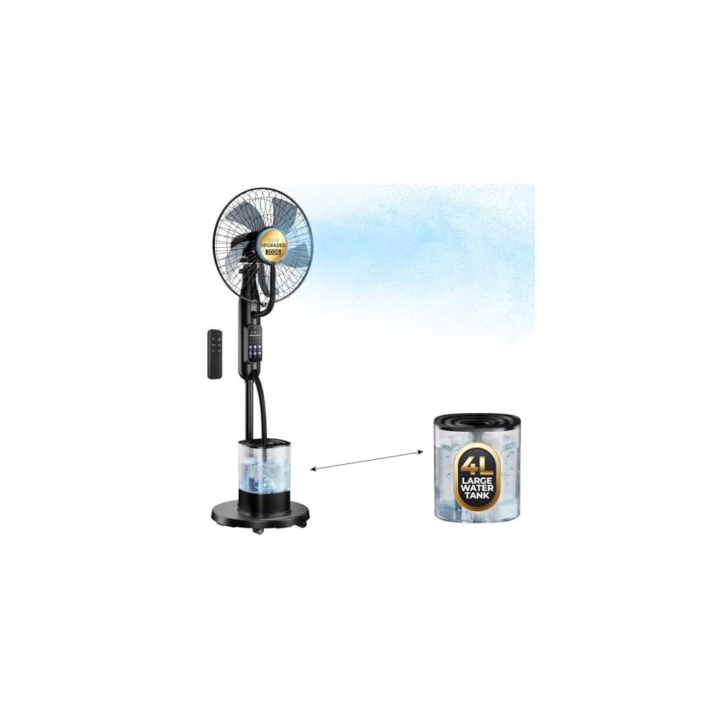 NebulaFlow Mist Fan, 2026 Upgraded 4L Large Water Tank Mister Cooling Fan, 5 Speeds 3 Modes Misting Standing Fan, Pedestal Fan with Remote, Oscillating Floor Fan for Bedroom, Home, Office, Patio