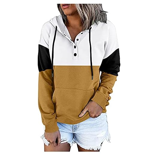 Wave166 Hoodie dam överdimensionerad färgblock sweatshirt pullover casual huvtröja långärmad skjortor dragsko överdel sportkläder med fickor, GUL, S