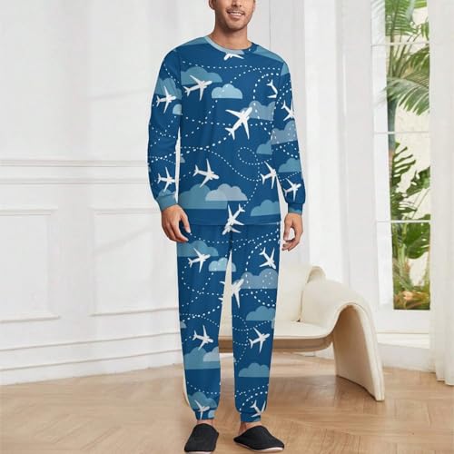 Airplane Aircraft Plane Pattern Men's Pajamas Sets Long Sleepwear Round Neck Loungewear2
