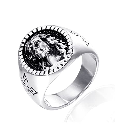 LAFATINA Herren Ringe Katholischer Christlicher Jesus Kopf Kreuzring Religiöses Kreuz Gebet Taufe Amulett Siegelband Ringe für Weihnachten Ostern Cover