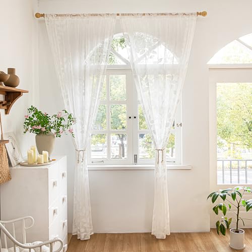 Image of Treatmentex Lace White Sheer Curtains for Living Room 84inch Vintage Botanical Floral Leaf Semi Sheer Window Curtain Panel for Bedroom 54 inch W 2pcs Rod Pocket 7ft Floor Length