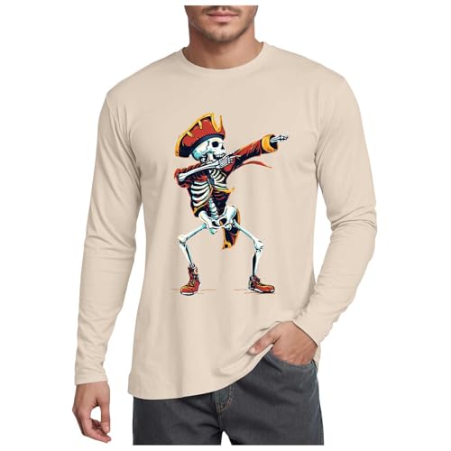 Tシャツ メンズ ハロウィン 長袖 大きいサイズ おもしろ 丸首 面白い シャツ ハロウィン スカル 海賊 プリント 個性的 派手 プルオーバー 日常 部屋着 文化祭 パーティー お遊戯会 演出 ステージ (Beige, M)