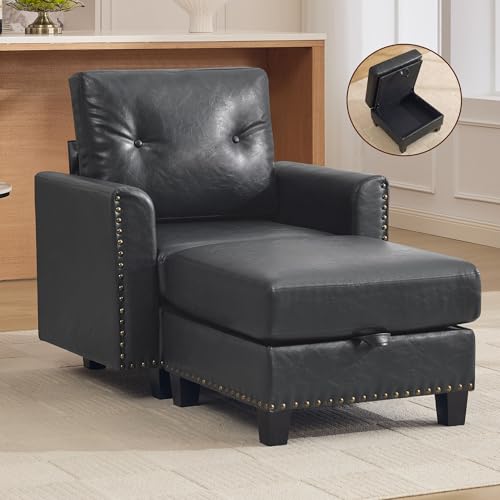 Image of 34.3 inch Faux Leather Modular Sectional Single Couch with Storage Ottoman, Vintage PU Leather Lounge Sofa Chair with Nailhead Trim, Mid Century Modern Tufted Couches for Living Room,Bedroom,Office, Black