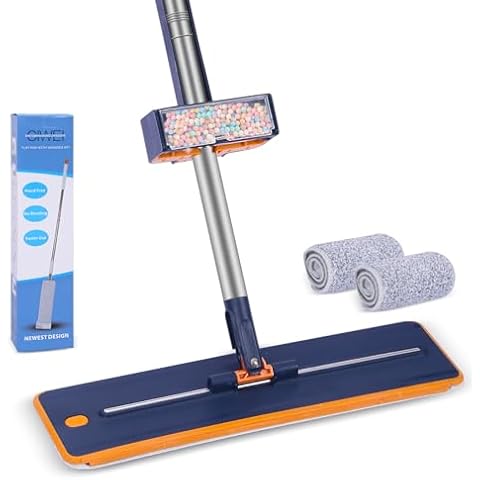 Flat Mop with Wringer Set Wet and Dry Mops for Floor Cleaning Microfiber Mop with Long Handle 2 Reuseable and Washable Microfiber Silk Pads Wall Mops for Hardwood Laminate Tile Vinyl Cover