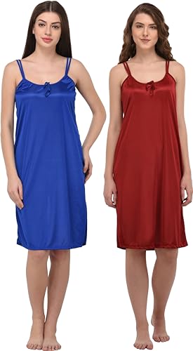 Image of You Forever Women Sexy Satin Striped Solid Above Knee Length Nighty, Loungewear, Nightwear, Sleepwear, Home Wear Short Nighty for Women Pack of 2