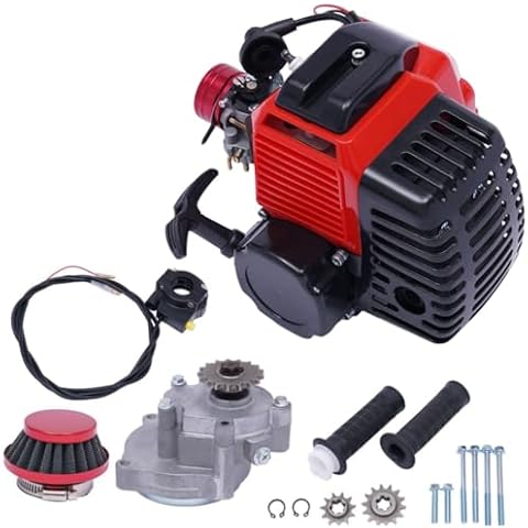 BJTDLLX 49CC 2 Stroke Engine, 1.9kw/3HP Gas Powered Engine Motor Kits Single Cylinder Air-Cooled Pull Start Bicycle Motorized Gas Petrol Bike Engine Motor Kit for Vapor Scooter Chain Scooter, Red Cover