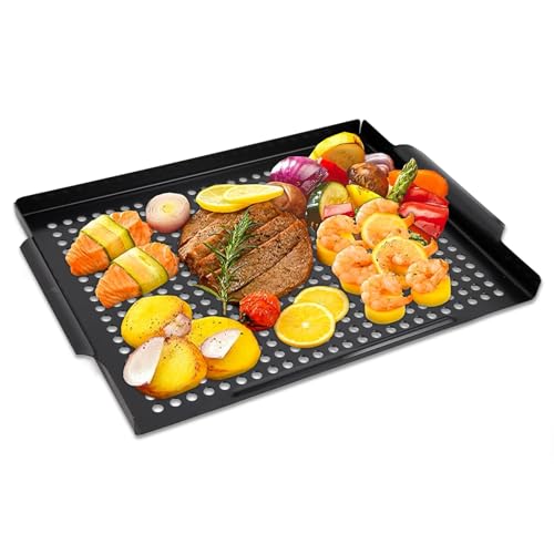 Vegetable Grill Basket,Nonstick Grilling Topper 14.6 “x11.4 Thicken Grill Pan BBQ Accessory for Grilling Veggie, Fish, Shrimp, Meat, Camping Cookware (No Hand)