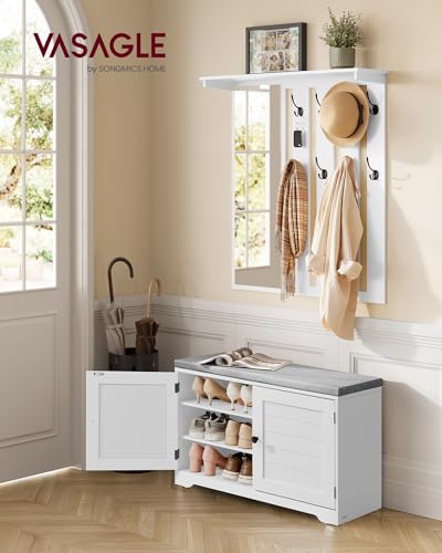 VASAGLE Schuhbank Wandgarderobe Set, Garderobe mit Spiegel, 8 Doppelhaken, Schuhschrank mit verstellbaren Ablagen, Doppeltüren, Sitzbank, Sitzpolster abnehmbar, 81 cm breit, wolkenweiß LSC010W01