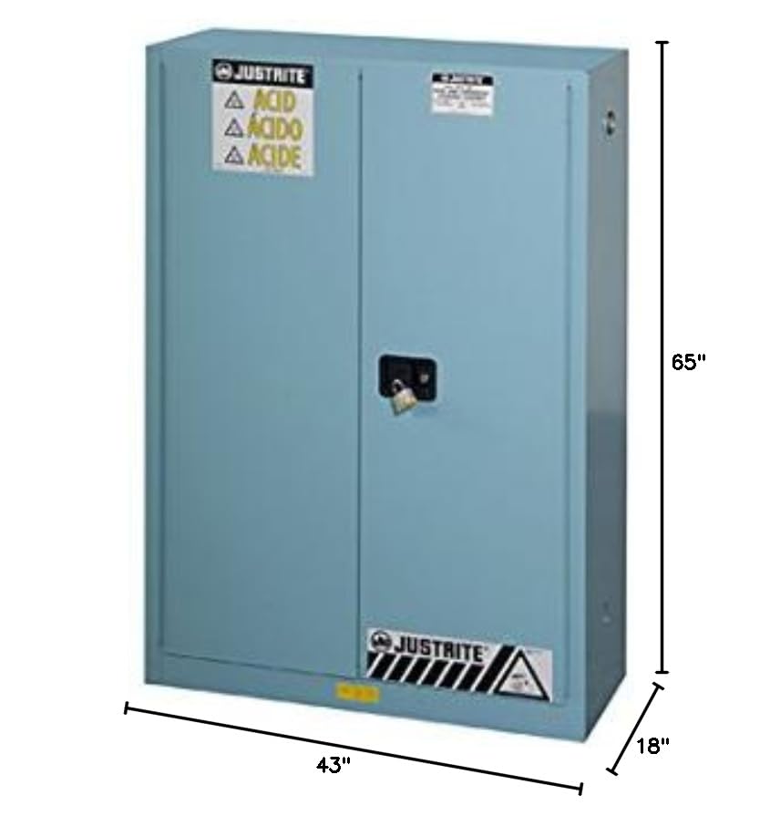 Image of Justrite Acid Corrosive Storage Cabinet - 45 Gallon 2 Door Self Close Chemical Storage Cabinet with Removable Polyethelene Trays - 18 inch x 65 inch x 43 inch - Made in The USA - Light Blue - 894522