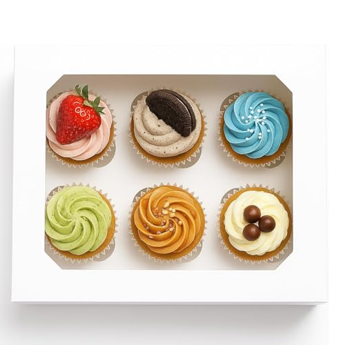 PACKARDI Pack of 5 White Cupcake Boxes 6 Hole with Window Including Stickers – Unique Cupcake Box with Auto Popup Perfect for Party Muffins, Cupcakes, Small Cakes & Cookies