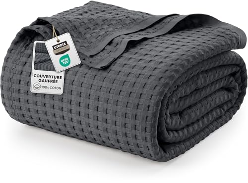 Utopia Bedding Couverture gaufrée en Coton 300 GSM (Gris Anthracite - 228 x 182 cm), Couette Douce, légère et Respirante pour Toutes Les Saisons