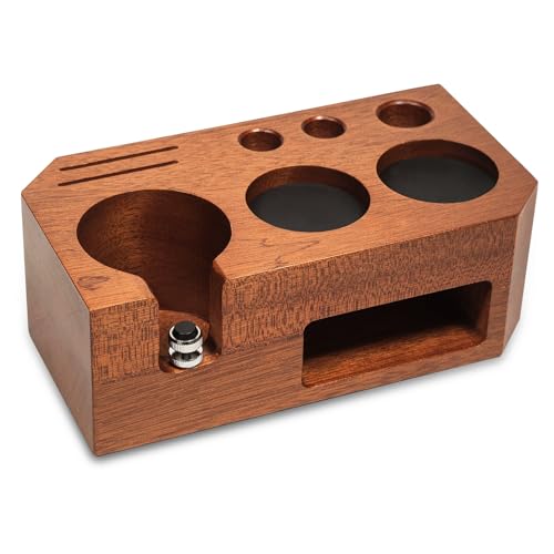 MHMondawn Estação de amortecimento de 58 mm, suporte porta-filtros de nogueira, estação de tamping para acessórios de barista, estação de café em madeira com almofada de silicone, altura ajustável,