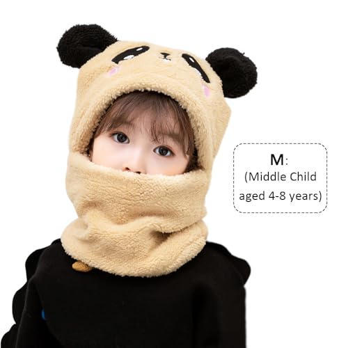 Kids Winter One Piece Hat and Scarf, Unisex Warm Fleece Hat Neck Warmer Hood Cap with Bear Ears for 5-8 Years Old Girls Boys2
