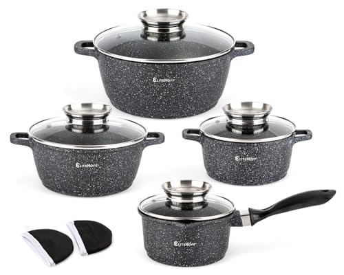 EliteHoff Juego de ollas de inducción con cacerola, 9 piezas, 16/16/20/24 cm, olla con tapa, olla de aluminio, antiadherente, para todo tipo de fuegos, apto para lavavajillas, libre de PFOA (negro)