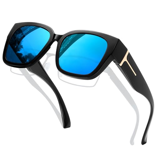 KANASTAL Gafas de Sol Superpuestas Azul Hombre y Mujer Grandes Cuadradas Polarizadas Sobrepuestas Anchas Vintage Senderismo Blue Sunglasses - Negras Montura con Azul Espejo