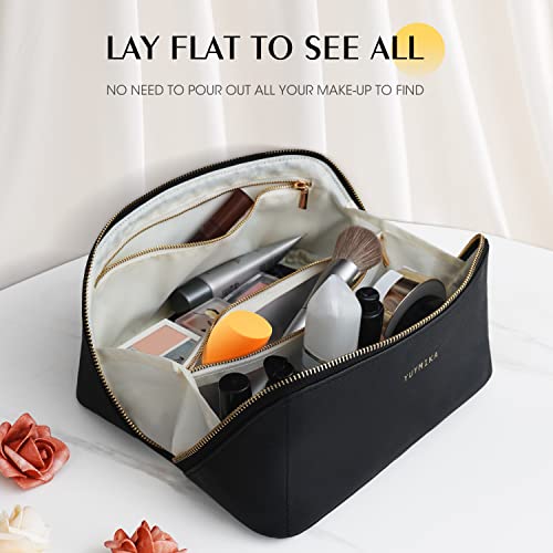Yuymika Large Capacity Travel Makeup Bag, Portable Pu Travel Toiletry Bag For Women, Waterproof Cosmetic Bag Lay Flat And Open Wide, With Handle And Divider Pocket #TOP3