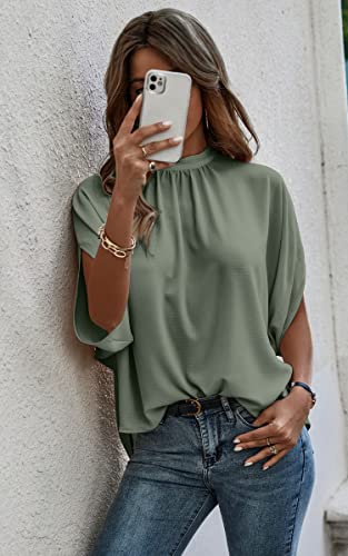 Angashion Womens Tops, Short Sleeve Casual Summer Top Solid Color Self Tie Loose Fit Drape Tunic Blouses Shirts #Grey Green Large #TOP3