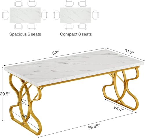 Tribesigns 63-Inch Dining Table for 4-6 People, Rectangular Modern Kitchen Dinner Table for Dining Room, White Faux Marble and Gold - Image 2