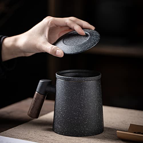 Fosenw Ceramic Tea Mug,Tea Cup With Lid,Infuser And Wooden Handle,12 Oz,Bluestone #TOP6