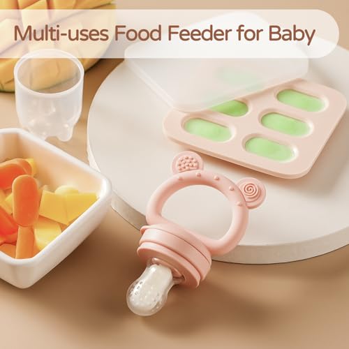 Image of 2 Pack Silicone Baby Fruit Feeder with Mini Freezer Tray, Breastmilk Popsicle Molds for Baby Teething Relief, Fresh Food Feeder for Safe Infant Self Feeding, Extra Food Pouches - Pink