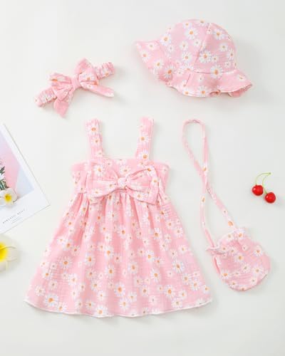 18 Month Girls Dresses Sleeveless Causal Summer Dress Toddler Girl Clothes 18-24 Months Big Bow Pink Daisy Flower Sun Dress with Hat Cute Floral 24 Month Girl Outfits