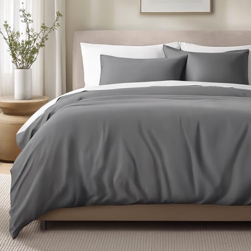 Bare Home 100% Organic Cotton Sateen Duvet Cover Set - Extra Long Size - 400 Thread Count - Smooth Sateen Weave - Warm & Luxurious - Duvet Cover (Twin/Twin XL, Grey)