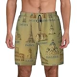 YANYU - Pantalones cortos hawaianos de secado rápido para hombre con estampado ilustrado y estampado de monumentos europeos para surf, playa, día festivo de verano, Negro -, XL