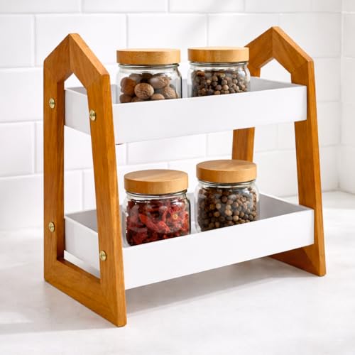 Dence Store 2-Tier Wooden Spice Rack Organizer | Multi-Purpose Countertop Storage Shelf for Kitchen, Bathroom & Office | Modern House-Shape Design | White & Natural Wood Finish