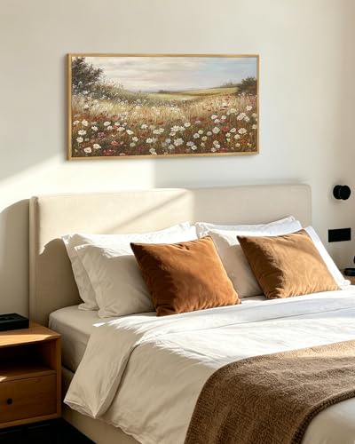 KUVIOKE Vintage Landscape Framed Wall Art 20x40in Large Grassland Meadow Wildflower Field Wall Prints Classic Retro Farmhouse Rustic Decorations for Living Room Bedroom (Natural Framed)