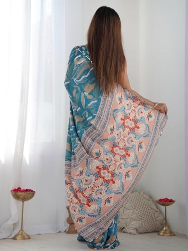 Image of Panzora Women's Chinon Printed Saree With Unstitched Blouse Piece