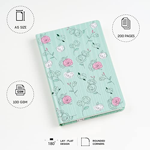 Image of FACTOR NOTES Hardbound Notebook: 100 GSM|A5|3 Bookmarks|200 Pages|Inner Pocket|Ruled (The Pastel Mint Roses)