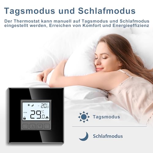 CNBINGO Digitaler Raumthermostat Unterputz mit Fühler, Thermostat für Wasser Fußbodenheizungen und Boiler, Wandthermostat für Heizung und Kühlungssysteme, Weiß mit Glasrahmen