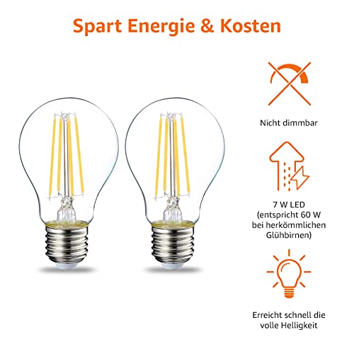 Amazon-Basics-LED-Leuchtmittel-Edison-Sockel-E27-7-W-entspricht-60-W-Gluehbirne-Warmweiss-nicht-dimmbar-klares-Filament-2er-Pack - sparfuchs24.io – Top Angebote, Tests & Preisvergleiche