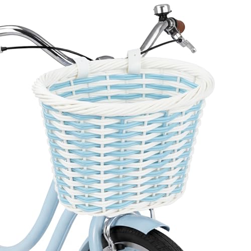 MEGHNA Woven Bike Basket Elegant Two-Color Front Handlebar Basket for Women Girl, for Cycling Cruiser Bike Mountain Bike Folding Bike E-Bike, for Cycling, Garden House Decoration (White - Blue)