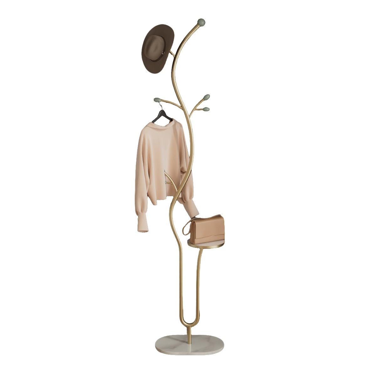 Bananaww Metal free standing coat rack, Modern Freestanding Coat Rack, Creative Design Tree Branch-look with Natural Marble Base, Basket for Entryway, Hallway, Bedroom