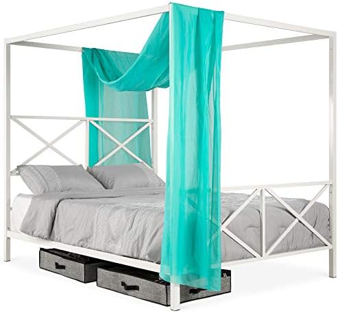 Best Choice Products 4-Post Queen Size Modern Metal Canopy Bed w/Mattress Support, Built-in Headboard, Footboard, Classic, Customizable Design - White
