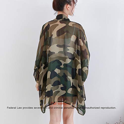 Women's Loose Print Sheer Chiffon Kimono Beach Swim Cover up Cardigan Capes Blouse Tops Camouflage - Thumbnail 5
