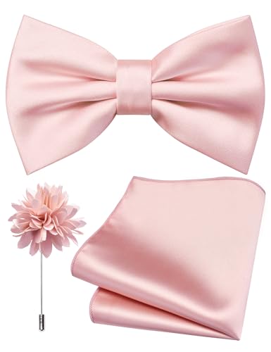 Branduce Blush Pink Bow Tie for Men Wedding Solid Satin Silk Bowties Pocket Square and Lapel Pin Brooch Set (BB07-28)