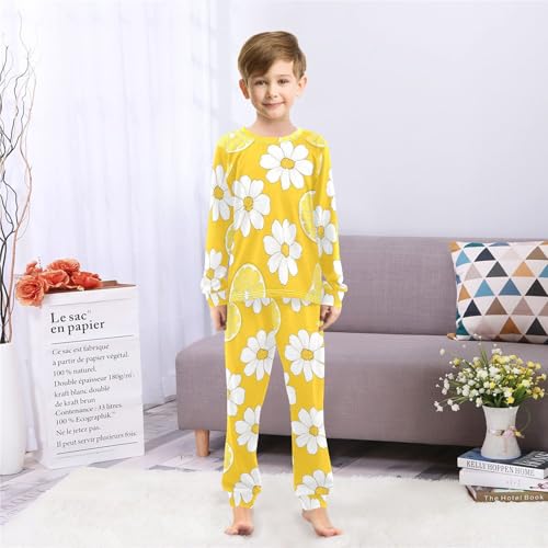 Lemon Slice Daisy Pattern Soft Pajama Set for All Seasons,Breathable Pjs Long Sleeve Sleepwear,Comfy Loungewear 2 Piece Underwear Set 8T4