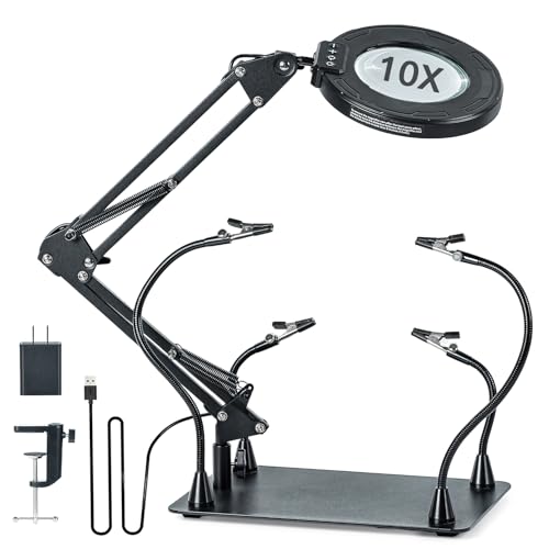Helping Hands Soldering Station with Magnetic Arms, 10X Magnifying Glass with Light and Stand, PCB Holder LED Magnifier Lamp with Clamp and Base, 5 Colors & 10 Lights for Electronics, Crafts, Repairs