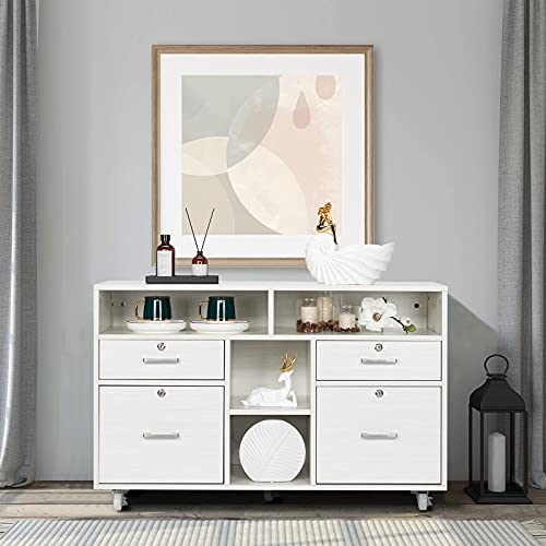 Vingli Wood Mobile File Cabinet With 4 Drawers And Shelves, Printer Stand With Open Storage, Lockable Lateral Filing Cabinet For Home Office, Assembly Required, Light Beige Close To White #TOP7