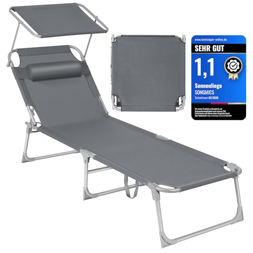 SONGMICS Sonnenliege, klappbarer Liegestuhl, 193 x 53 x 29 cm, trägt bis zu 150 kg, Sonnenschutz, Kopfkissen, verstellbare Rückenlehne, für Garten, Pool, Terrasse, dunkelgrau GCB19UV1