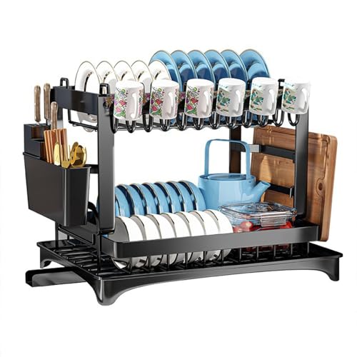 Escurreplatos plegable de 2 niveles para encimera de cocina, grande, con escurridor, tubo de drenaje giratorio, práctico soporte para utensilios de secado que ahorra espacio