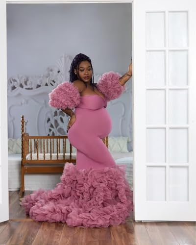 Tulle Mermaid Maternity Dresses Puffy Sleeve Baby Shower Dress Sweetheart Pregnancy Gowns for Photoshoot2