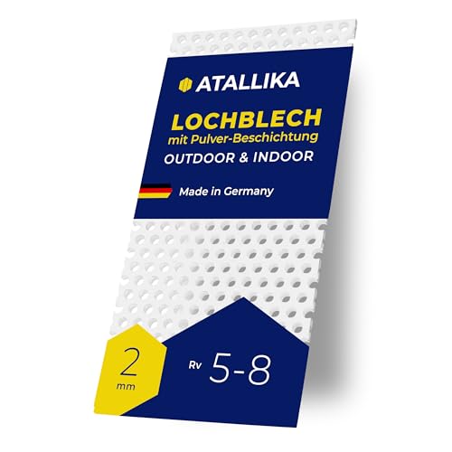 ATALLIKA Lochblech Aluminium Rv 5-8 beschichtet [Reinweiss, 350x350 mm] - 2mm dickes Rundloch-Blech 5mm/8mm mit beidseitiger Pulverbeschichtung [Outdoor & Indoor] - präziser Zuschnitt aus Deutschland