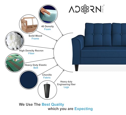 Image of Adorn India Maddox Tufted L Shape 5 Seater Sofa Chenille Sofa Set RHS (Blue) (3 Year Warranty)