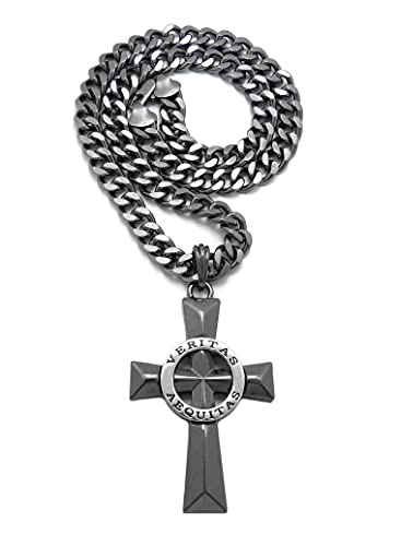 Veritas Aequitas Cross Boondock Saints Pendant 9mm/20" Cuban Chain Necklace RC4355 (Hematite/Silver)