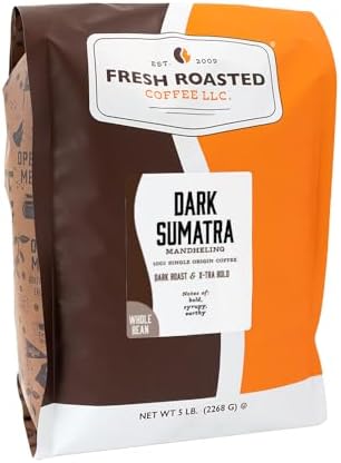 Fresh Roasted Coffee, 100% Dark Sumatra Mandheling Whole Bean Coffee, Dark Roast, Single Origin, Kosher, 5 lb (80 oz)